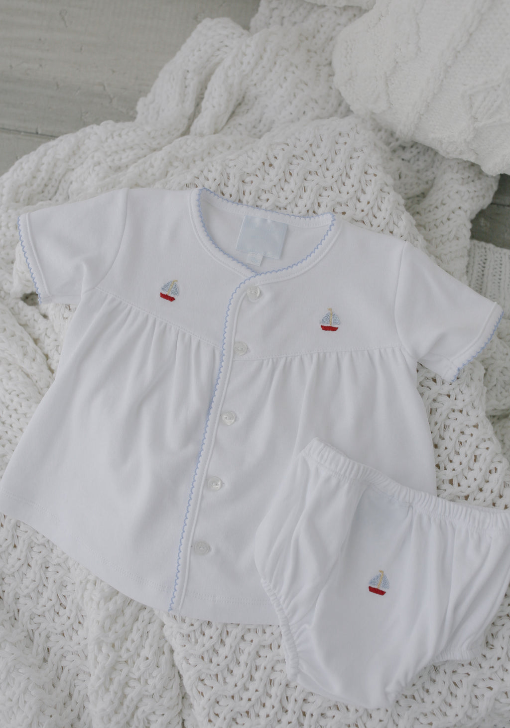 Little English Gift Pinpoint Layette Knit Set Sailboat 